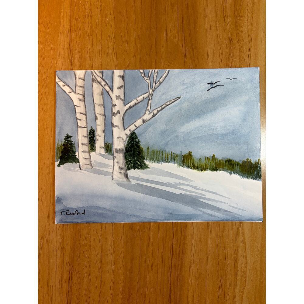 Hand painted watercolor original painting birches in a snowy wood